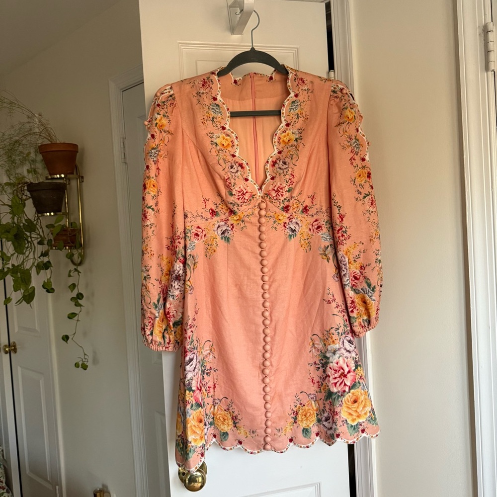Zimmermann Zinnia Scallop Mini Dress Pink Floral Long Sleeve Linen - Size XS - Picture 2 of 15